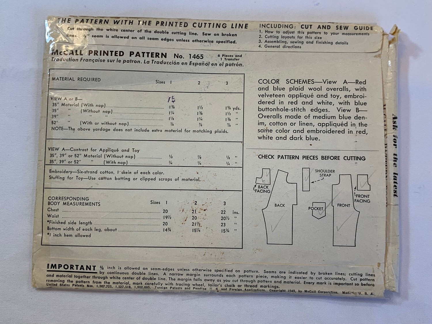 McCall's Sewing Pattern 1465 Toddlers' Overalls, Stuffed Toy, Transfers, Pockets, Bib, Shoulder Straps, Size 1, Cut, Vintage 1949