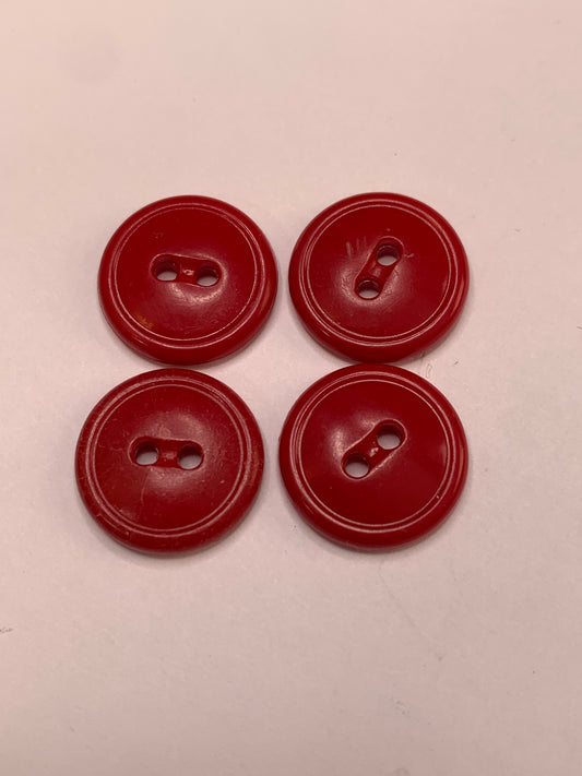Vintage 4 Plastic Buttons, Two Holes, Red, 1.5 New/Old Stock