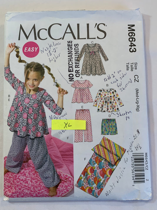 McCall's Sewing Pattern M6643 Girls' Tops, Dresses, Shorts, Pants, Sleeping Bag, Pullover, Elastic Waist, Pockets, Side Zipper, Size 7-16, Cut, 2012