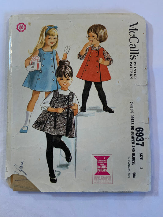 McCall's Sewing Patterns 6937 Girl's Jumper, Dress, Blouse, Back Buttoned, Flared, Long Sleeves, Sleeveless, Size 3, Cut, Vintage 1963