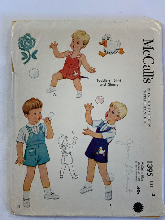 McCall's Sewing Pattern 1395 Boys' T-Shirts, Shorts, Bib, Pockets, Snap Crotch, Transfers, Size 3, Cut, Vintage 1948