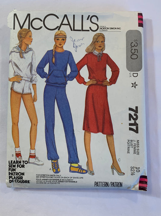 McCall's Sewing Pattern 7217 Misses' Top, Pants, Shorts, Skirt, Pockets, Elastic Waist, Stretch Knit Only, Pullover, Size 10, Cut, Vintage 1980