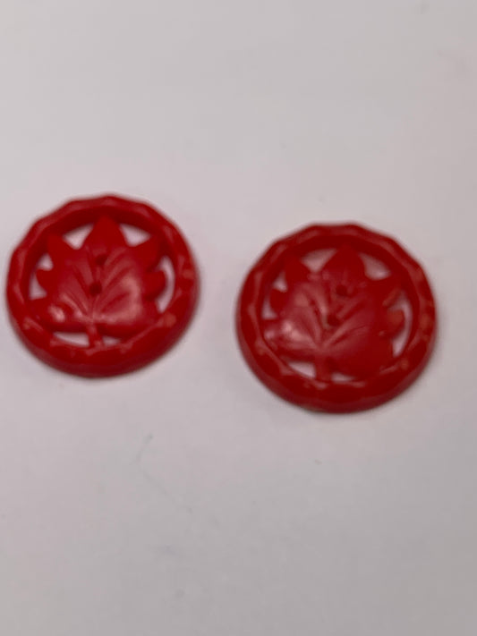 Vintage 2 Maple Leaves Plastic Buttons, Two Holes, Red, 2.0 New/Old Stock