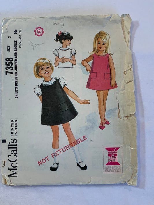 McCall's Sewing Patterns 7358 Girl's Jumper Dress, Blouse, Short Sleeves, Sleeveless, Flared Skirt, Back Button, Size 3, Cut, Vintage 1964