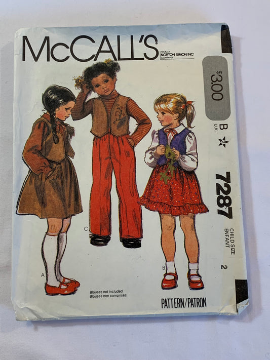 McCall's Sewing Pattern 7287 Girls' Pull-On Skirt, Blouse, Lined Vest, Pants, Button Front, Pockets, Size 2, Cut, Vintage 1994