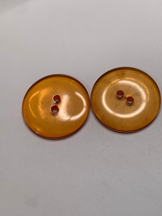 Vintage 2 Round Plastic Buttons, 2 Holes Flat, Orange, 2.5 cm, New/Old Stock
