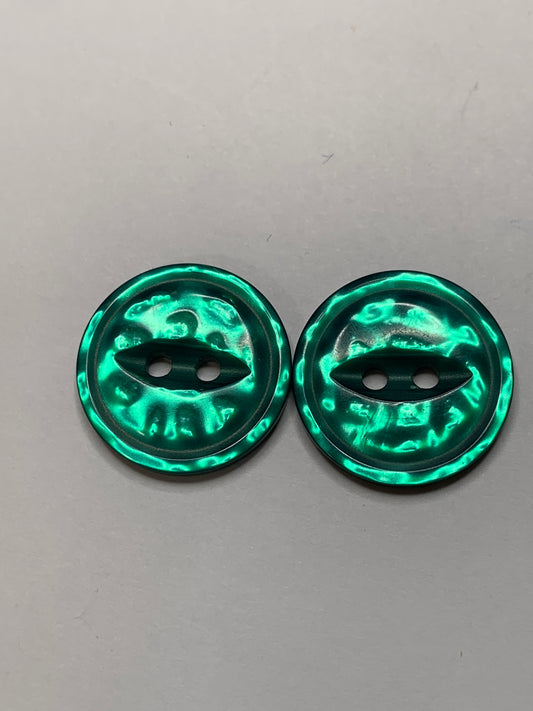 Vintage 2 Round Plastic Buttons, 2 Holes, Green, 1.8 cm, New/Old Stock