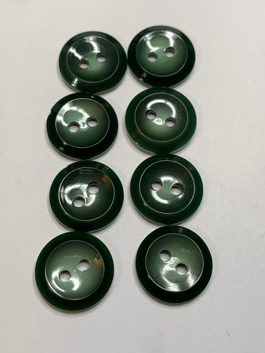 Vintage 8 Round Plastic Buttons, 2 Holes, Green, 1.5 cm, New/Old Stock