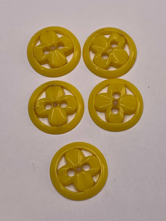 Vintage Children/Baby 5 Round Plastic Buttons, Two Holes, Yellow, 1.5 cm, New/Old Stock