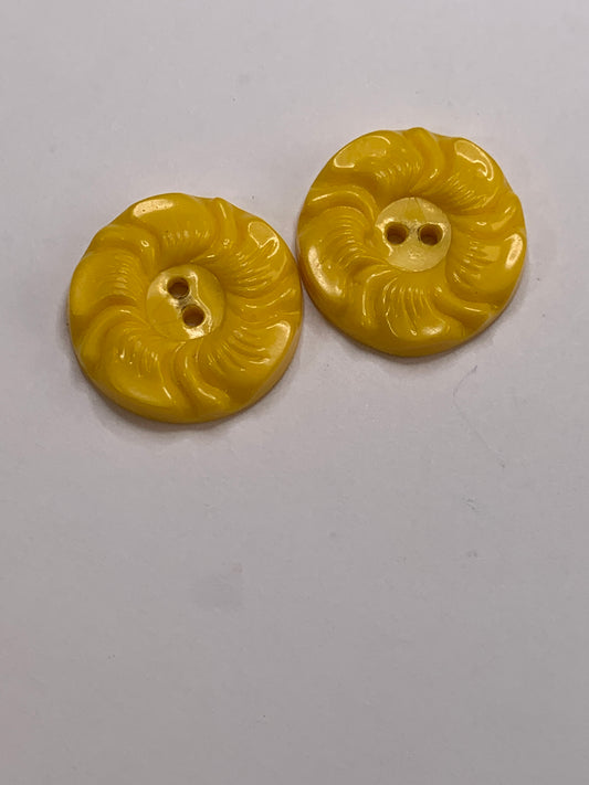 Vintage Children/Baby 2 Round Plastic Buttons, Two Holes, Yellow, 2.2 cm, New/Old Stock