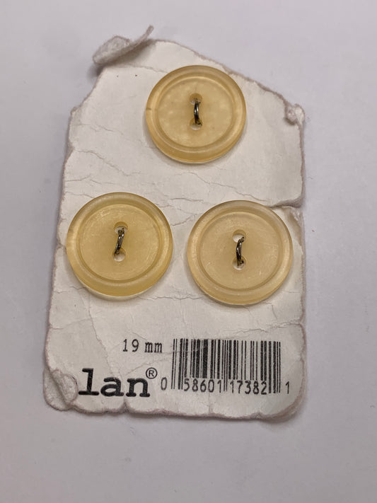 Vintage 3 Round Plastic Buttons, Two Holes, Yellow, 1.9 cm, New/Old Stock