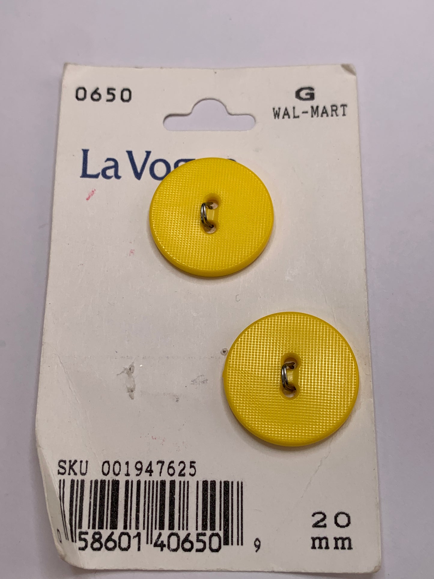 Vintage 2 Round Plastic Buttons, Two Holes, Yellow, 2.0 cm, New/Old Stock
