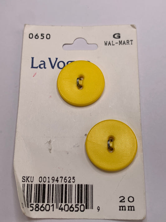 Vintage 2 Round Plastic Buttons, Two Holes, Yellow, 2.0 cm, New/Old Stock