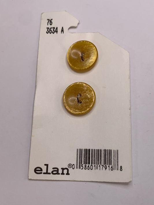 Vintage 2 Round Plastic Buttons, Two Holes, Yellow, 1.5 cm, New/Old Stock