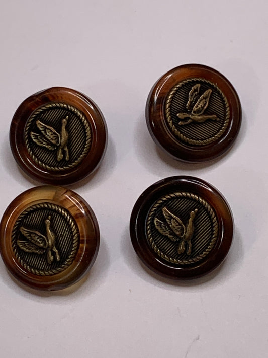 Vintage 4 Round Geese Plastic Buttons, Shank, Brown, 1.5 cm, New/Old Stock
