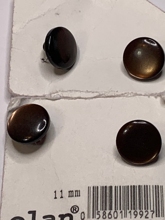 Vintage 4 Round Plastic Buttons, Shank, Brown, 1.1 cm, New/Old Stock