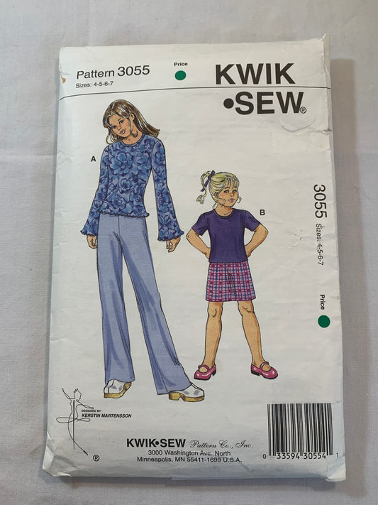 KWIK Sewing Pattern 3055 Girls' Tops, Pants, Skirt, Elastic Waist, Long/Short Sleeves, Pullover, Pockets, Pull-On, Stretch Knit only, Uncut, Size 4-7, Vintage 1980