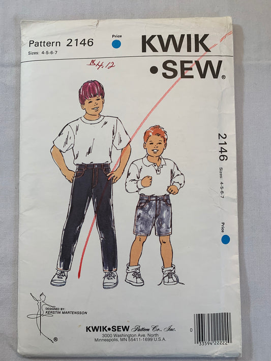 KWIK Sewing Pattern 2146 Boys' Jeans, Shorts, Fly Zipper, Belt Loops, Straight Legs, Pockets, Uncut, Size 4-7, Vintage 1991