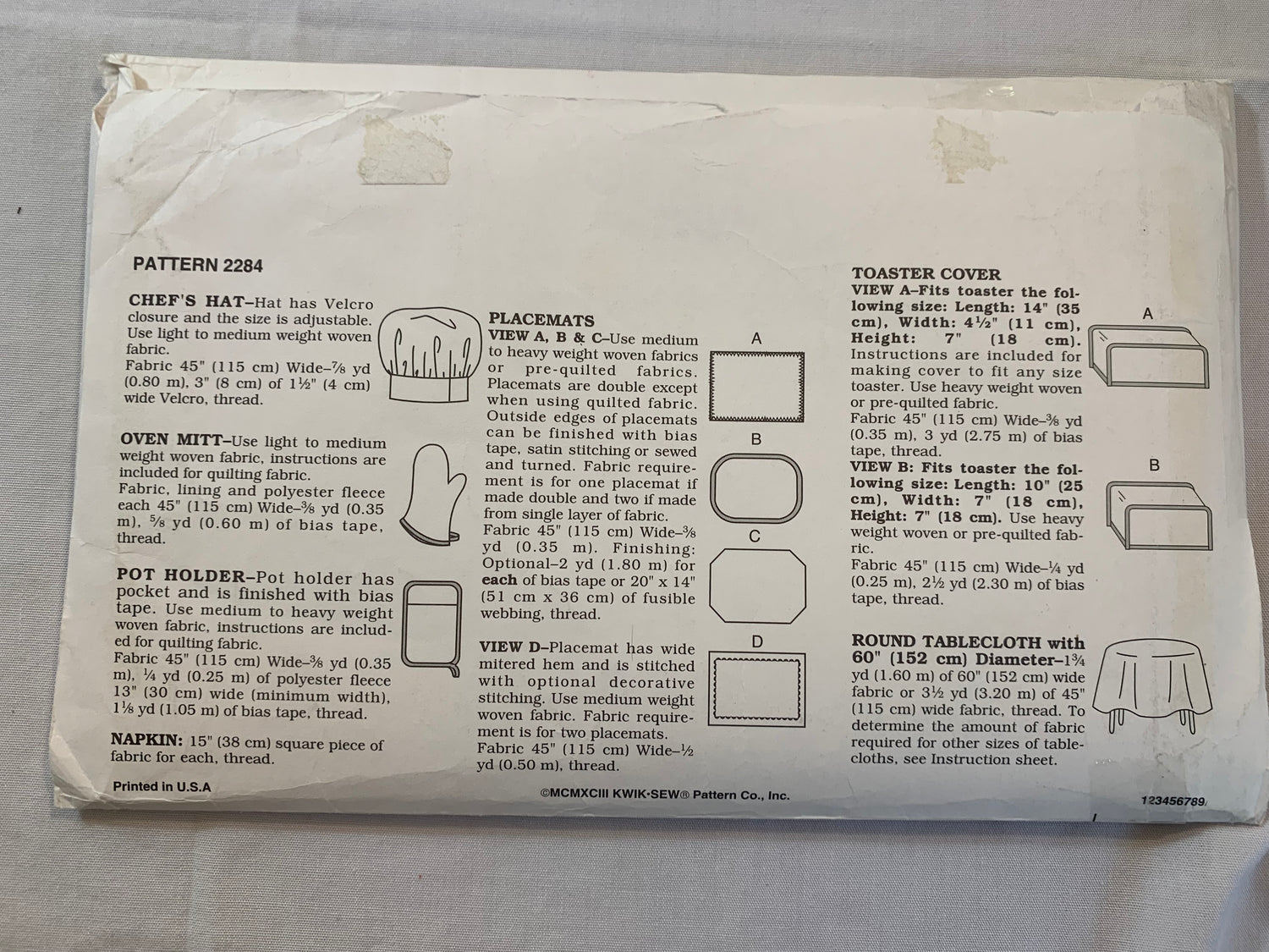 Kwik Sewing Pattern 2284 Crafts, Chef's Hat, Oven Mitt, Pot Holdetr, Napkin, Placemats, Toaster Cover, Round Tablecloth, Uncut, Vintage 1993