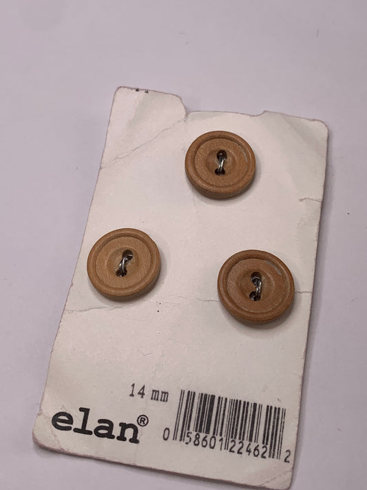 Vintage 3 Round Plastic Buttons, Two Holes, Brown, 1.4 cm, New/Old Stock