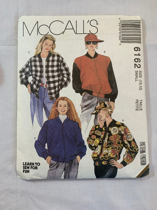 McCall's Sewing Pattern 6162 Misses' Unlined Jacket, Baseball Cap, Loose-Fitting, Shoulder Pads, Zipper/Button Front, Cuffs, Collar, Size 10-12, Uncut, Vintage 1992