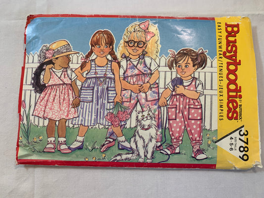 Butterick Busybodies Sewing Pattern 3789 Girls' Dress, Jumper, Overalls & Top, Sleeveless, Two Lengths, Short Sleeves, Size 12-14, Uncut, Vintage 1989