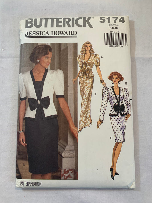 Butterick Jessica Howard Sewing Pattern 5174 Misses' Top, Skirt, Shoulder Pads, Princess Seams, Semi-Fitted, Zipper Back, 3 Lengths, Size 6-10, Uncut, Vintage 1990
