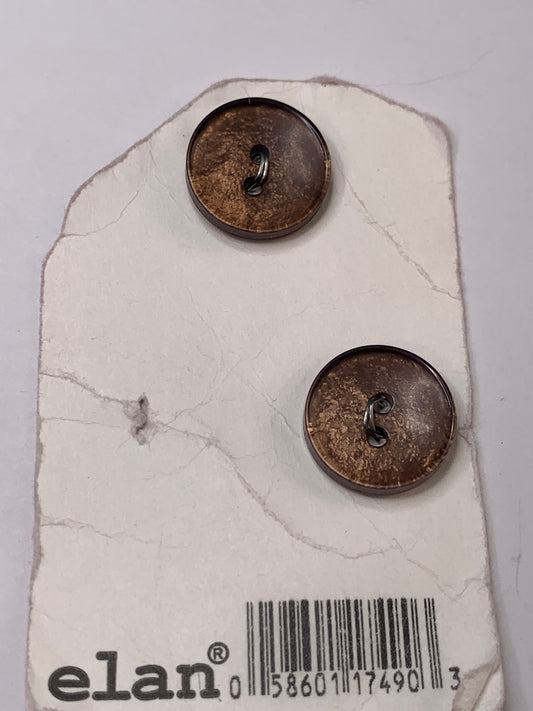 Vintage 2 Round Plastic Buttons, Two Holes, Brown, 1.5 cm, New/Old Stock