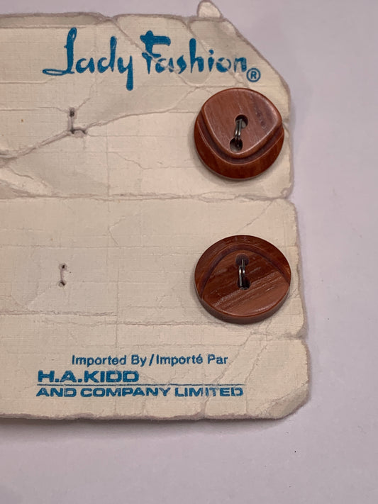 Vintage 2 Round Plastic Buttons, Two Holes, Brown, 1.5 cm, New/Old Stock