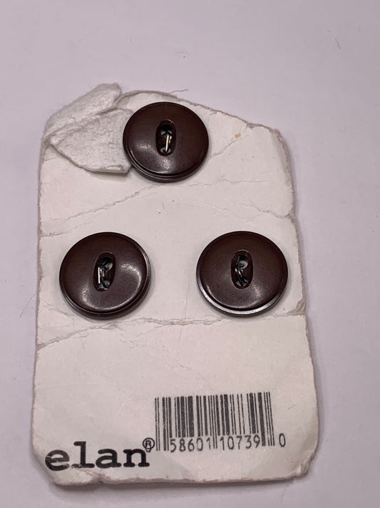 Vintage 3 Round Plastic Buttons, Two Holes, Brown, 1.5 cm, New/Old Stock