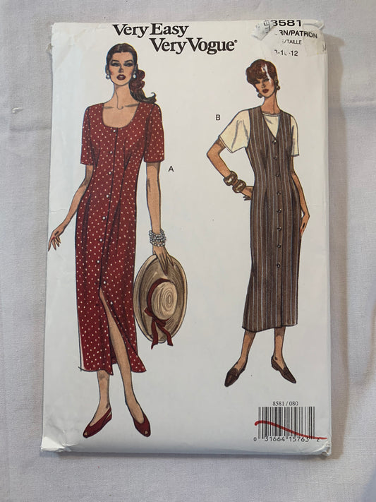 Vogue Sewing Pattern 8581 Misses' Dress, Jumper, Top, Loose-Fitting, Shoulder Pads, Short Sleeves, Sleeveless, Tie Back, Button Front, Size 8-12, Uncut, Vintage 1993