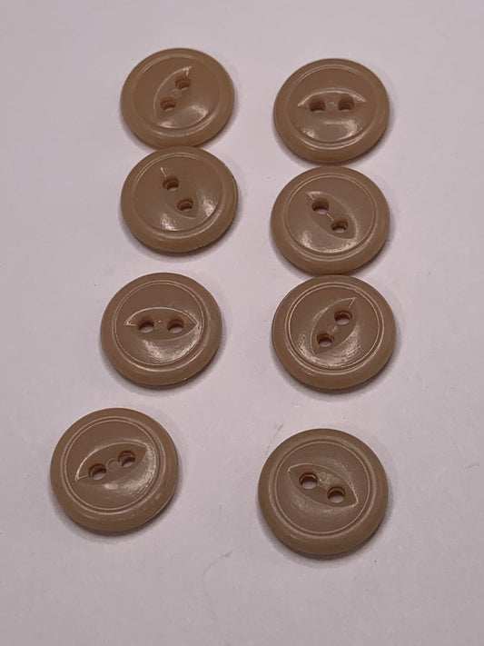 Vintage 8 Round Plastic Buttons, Two Holes, Brown, 1.4 cm, New/Old Stock