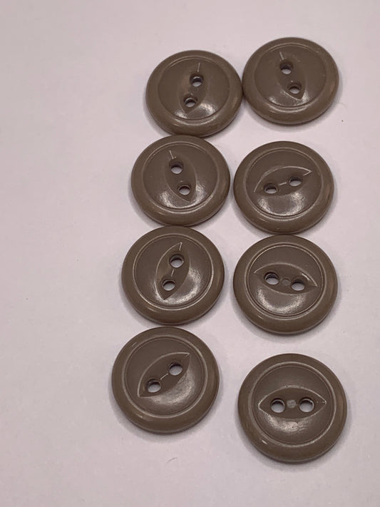 Vintage 8 Round Plastic Buttons, Two Holes, Brown, 1.4 cm, New/Old Stock