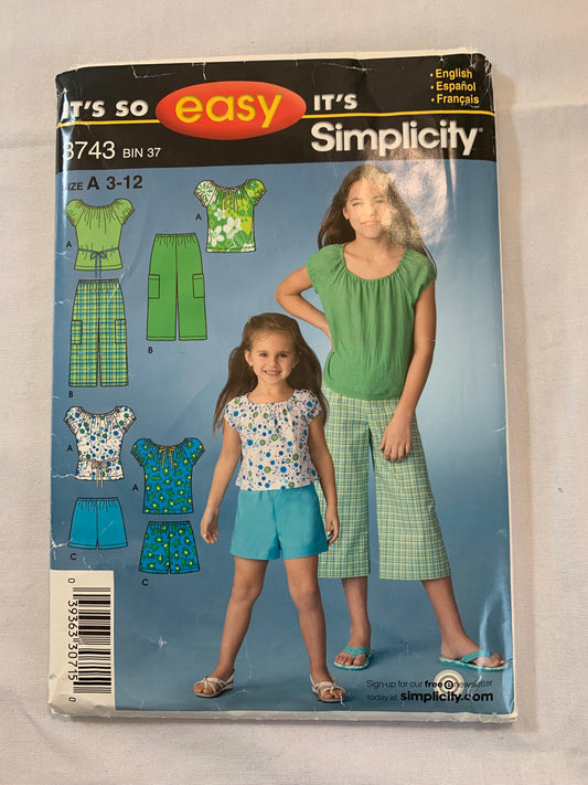 Simplicity Sewing Pattern 3743 Girls' Tops, Chopped Pants, Shorts, Pockets, Elastic Waist, Cap Sleeves, Size 3-12, Uncut, 2007