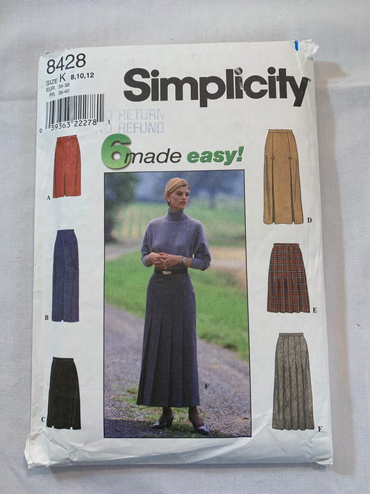 Simplicity Sewing Pattern 8428 Misses' Skirt, Zipper Back, Two Lengths, 7 Variations, Size 8-12, Uncut, Vintage 1998