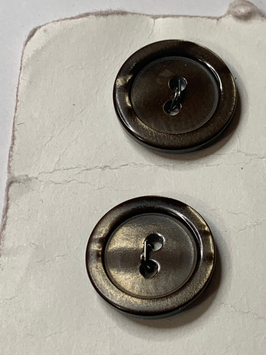 Vintage 2 Round Plastic Buttons, Two Holes, Brown, 1.8 cm, New/Old Stock