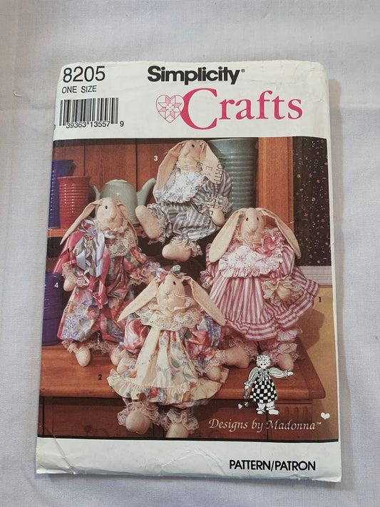 Simplicity Sewing Pattern 8205 Crafts, Decorative Rabbit, Clothes, Body, Jumpsuit, Bows, Uncut, Vintage 1992
