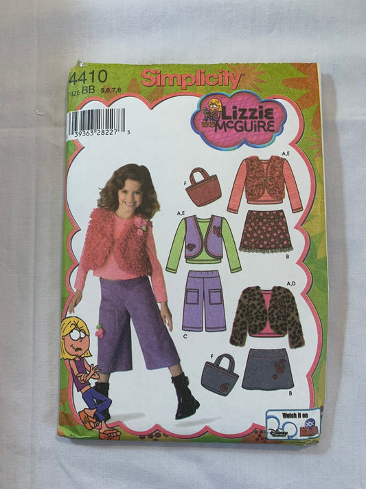 Simplicity Lizzie McGuire, Sewing Pattern 4410 Girls' Mini Skirt, Cropped Pants, Lined Vest or Jacket, Bag, Knit Top, Size 5-8, Uncut, 2005