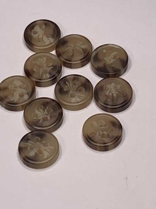 Vintage 10 Round Plastic Buttons, Four Holes, Brown, 1.0 cm, New/Old Stock