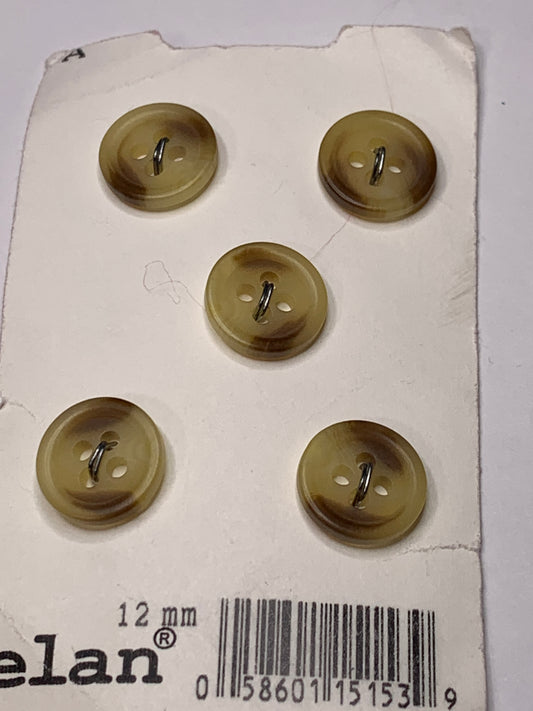 Vintage 5 Round Plastic Buttons, Four Holes, Brown, 1.2 cm, New/Old Stock