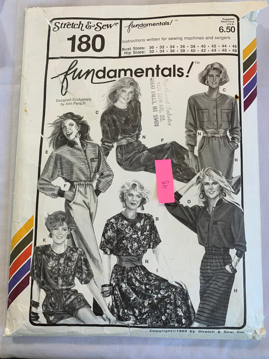 Stretch & Sew Fundamentas 180 T-Shirts, Pants, Shorts, Romper, Jumpsuit, Dress, Belt, Blouse, Pockets, Long/Short Sleeves, Size 30-46 Bust, Cut, Vintage 1989