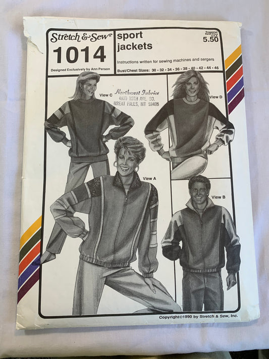 Stretch & Sew Fundamentas 1014 Misses'/Mens' Sports Jacket, Shoulder Pads, Zipper Front, Pockets, Pullover, 4 Variations, Size 30-46 Bust, Cut, Vintage 1992