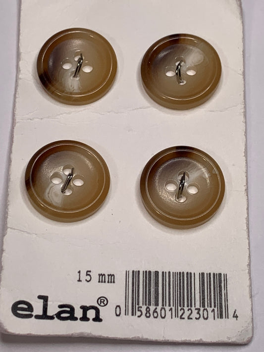 Vintage 4 Round Plastic Buttons, Four Holes, Brown, 1.5 cm, New/Old Stock