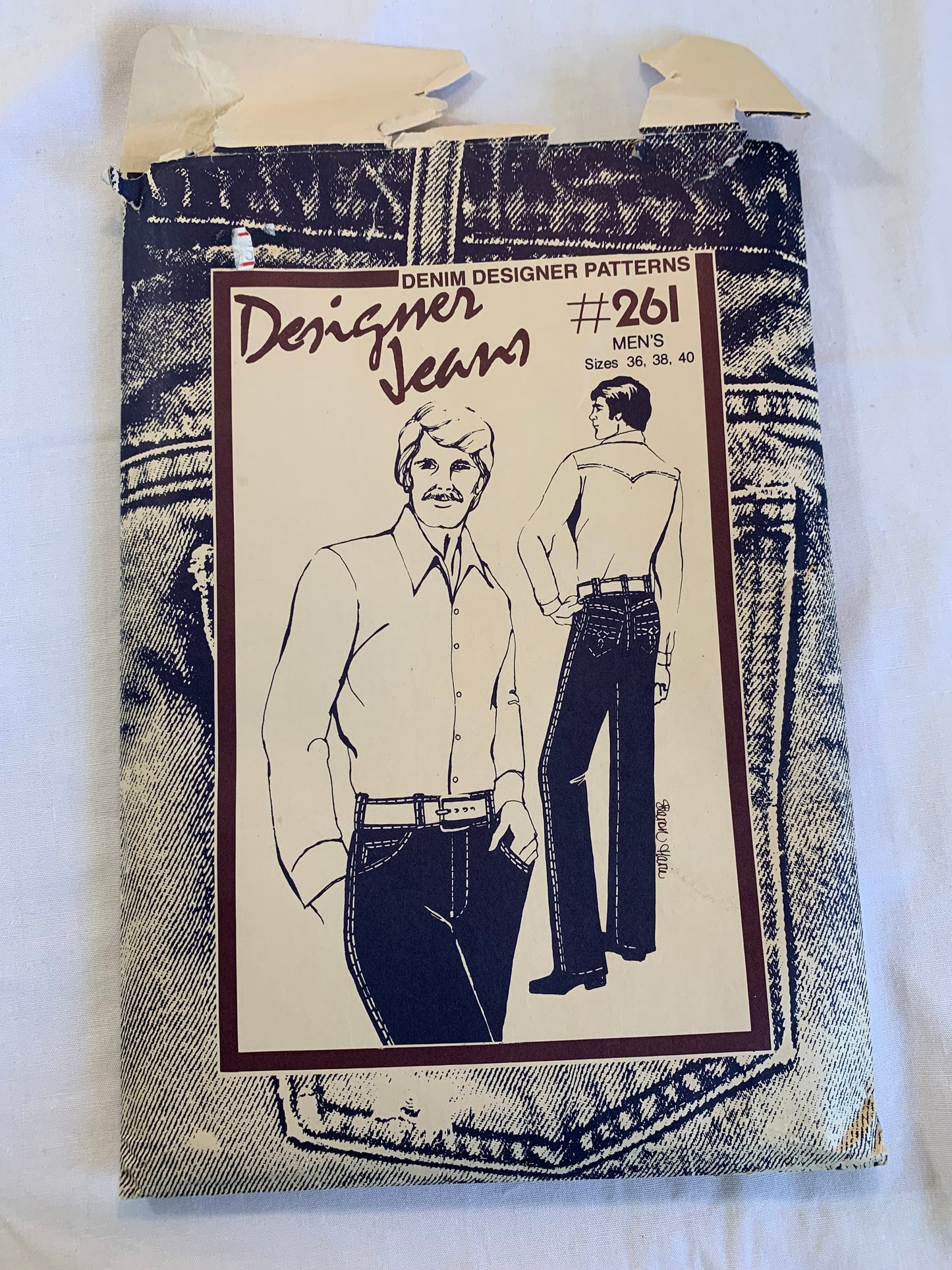 Denim Designer Sewing Pattern 261 Mens' Jeans, Pants, Pockets, Zipper Front, Uncut, Size 36-40 Waist, Vintage 1981