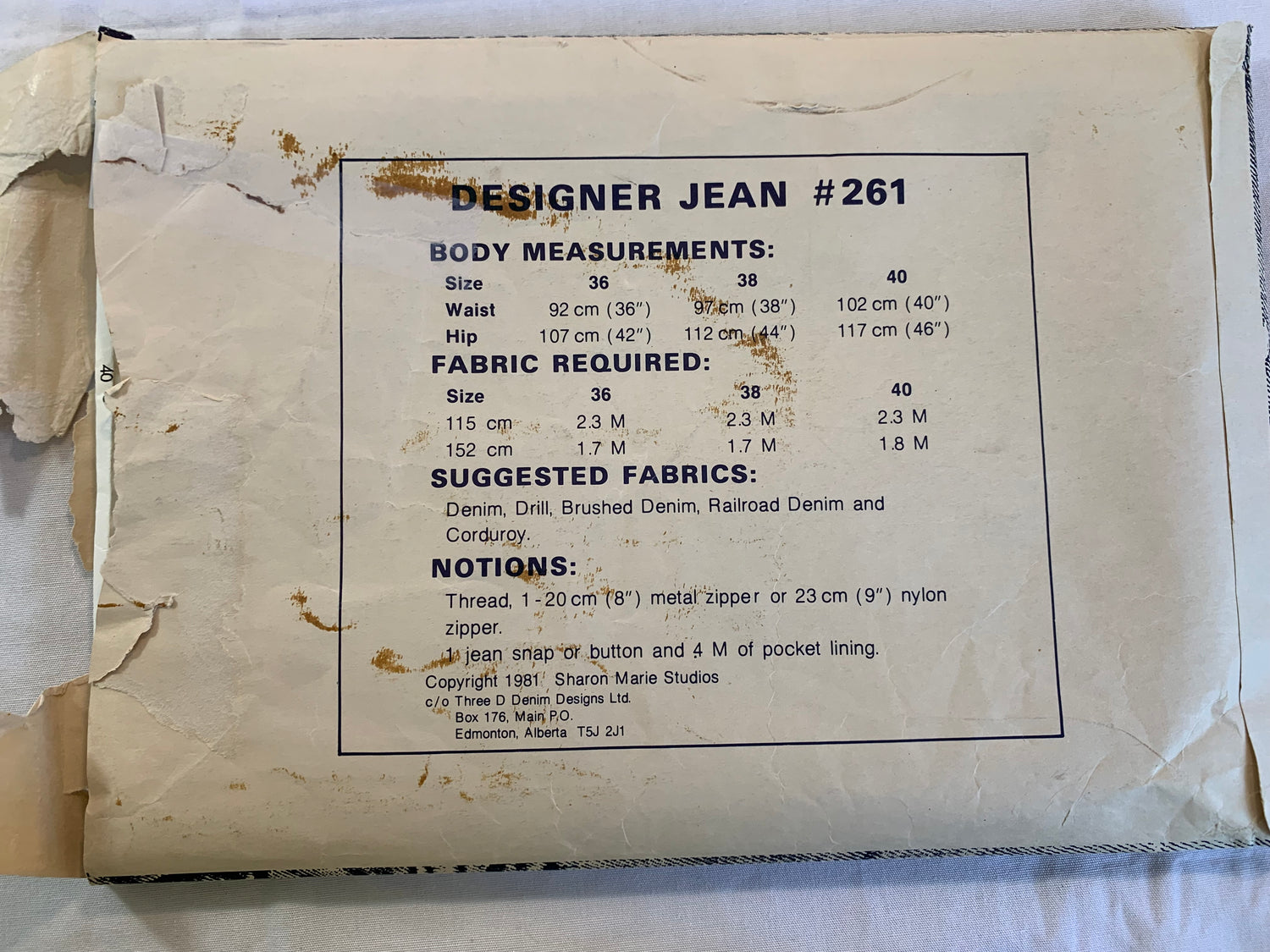 Denim Designer Sewing Pattern 261 Mens' Jeans, Pants, Pockets, Zipper Front, Uncut, Size 36-40 Waist, Vintage 1981