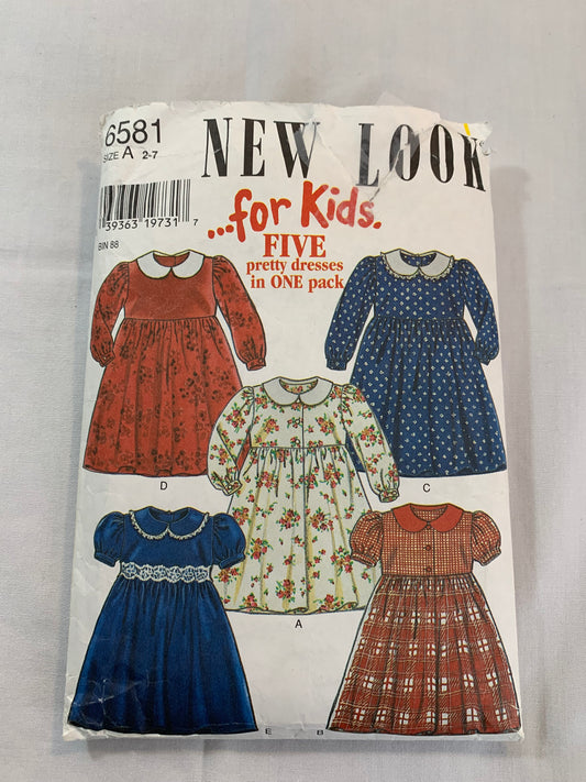 Simplicity New Look Sewing Pattern 6581 Girls' Dresses, Long/Short Sleeves, Zipper, Round Neck, Gathered Flared Skirt, Size 2-7, Cut, Vintage 1999