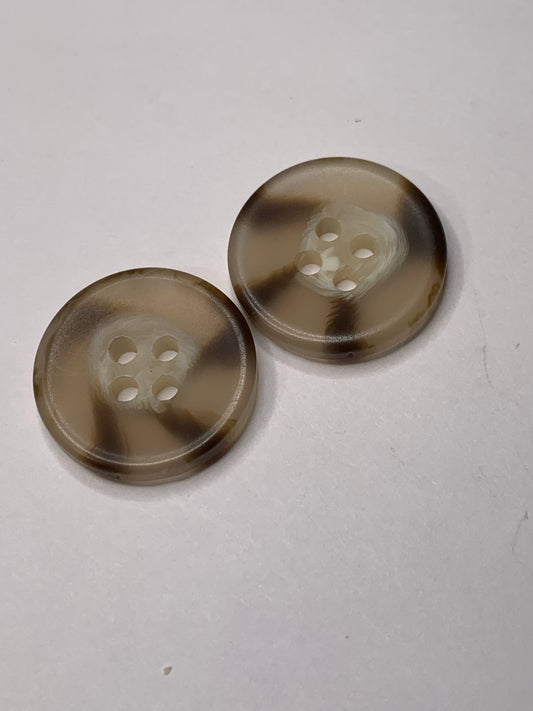 Vintage 2 Round Plastic Buttons, Four Holes, Brown, 2.0 cm, New/Old Stock
