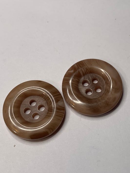 Vintage 2 Round Plastic Buttons, Four Holes, Brown, 2.0 cm, New/Old Stock