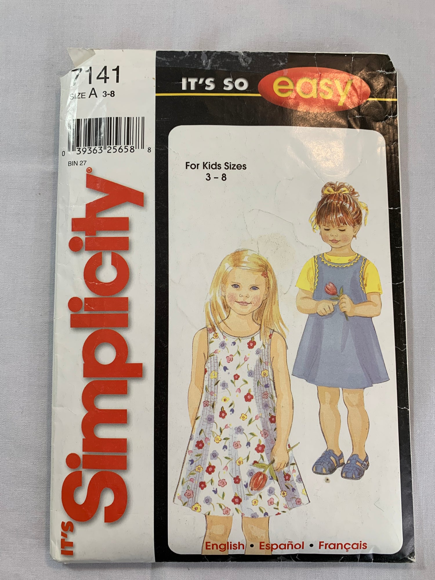 Simplicity Sewing Pattern 7141 Toddlers' Dress, Jumper, Sleeveless, Size 3-8, Cut, 2002