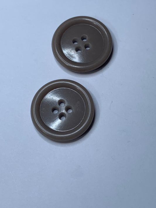 Vintage 2 Round Plastic Buttons, Four Holes, Brown, 2.5 cm, New/Old Stock